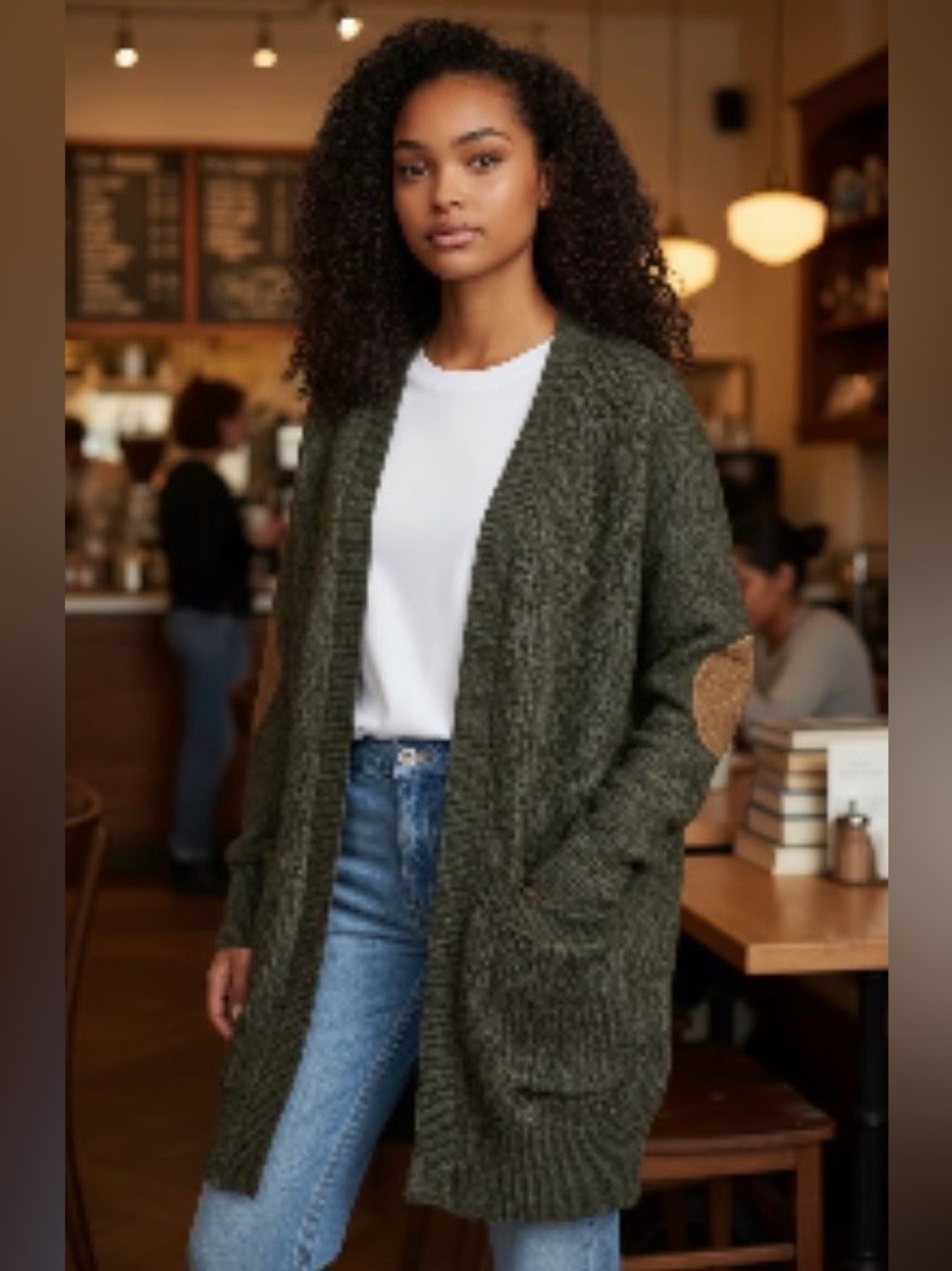 RDI Olive Green Open-Front Cardigan with Elbow Patch’s